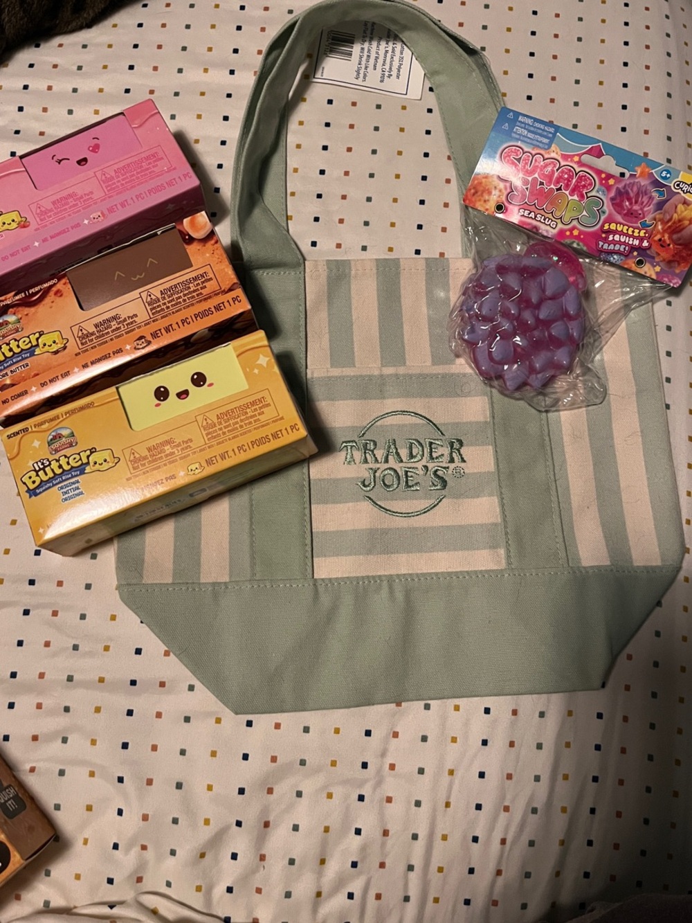 Slow rise scented butters, Trader Joe’s Tote in Mint and cream sugar sea slug